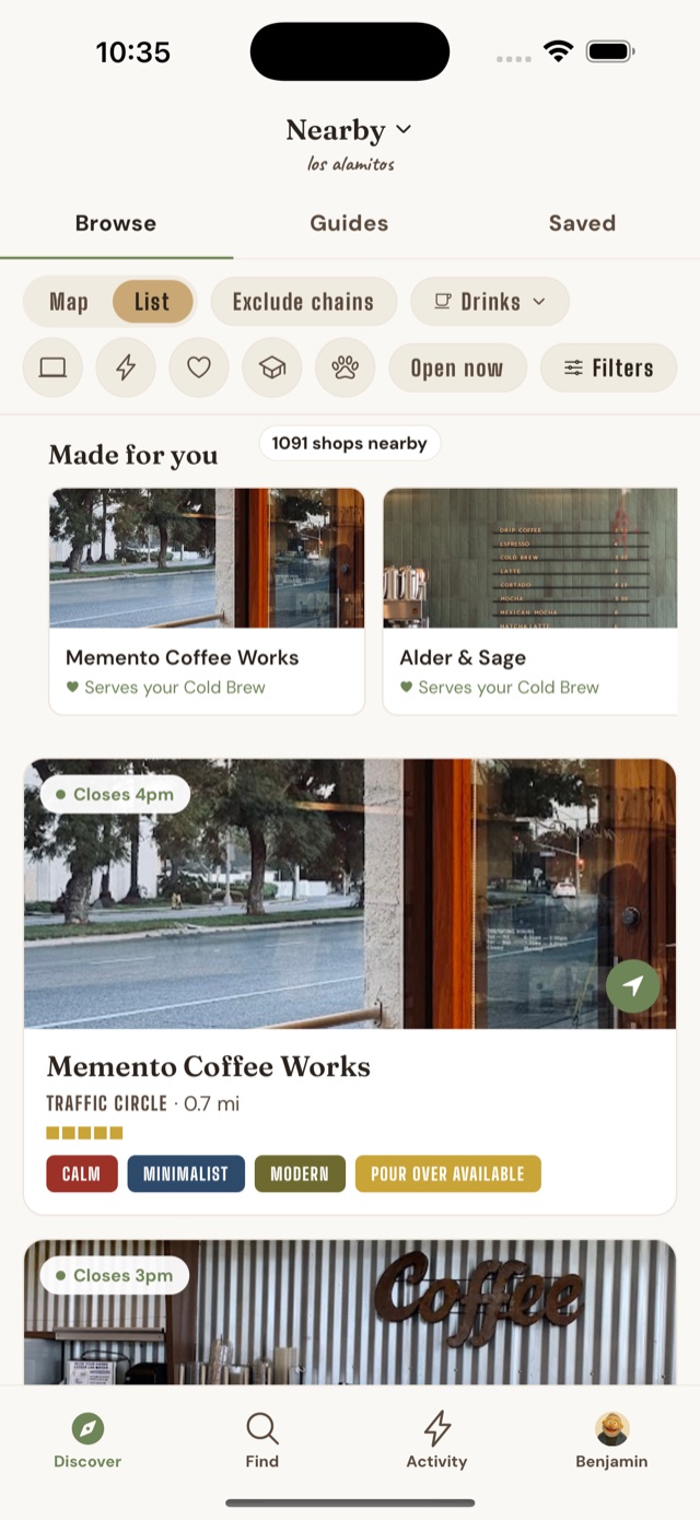 Coffee Run app — Discover list screen showing nearby independent coffee shops.