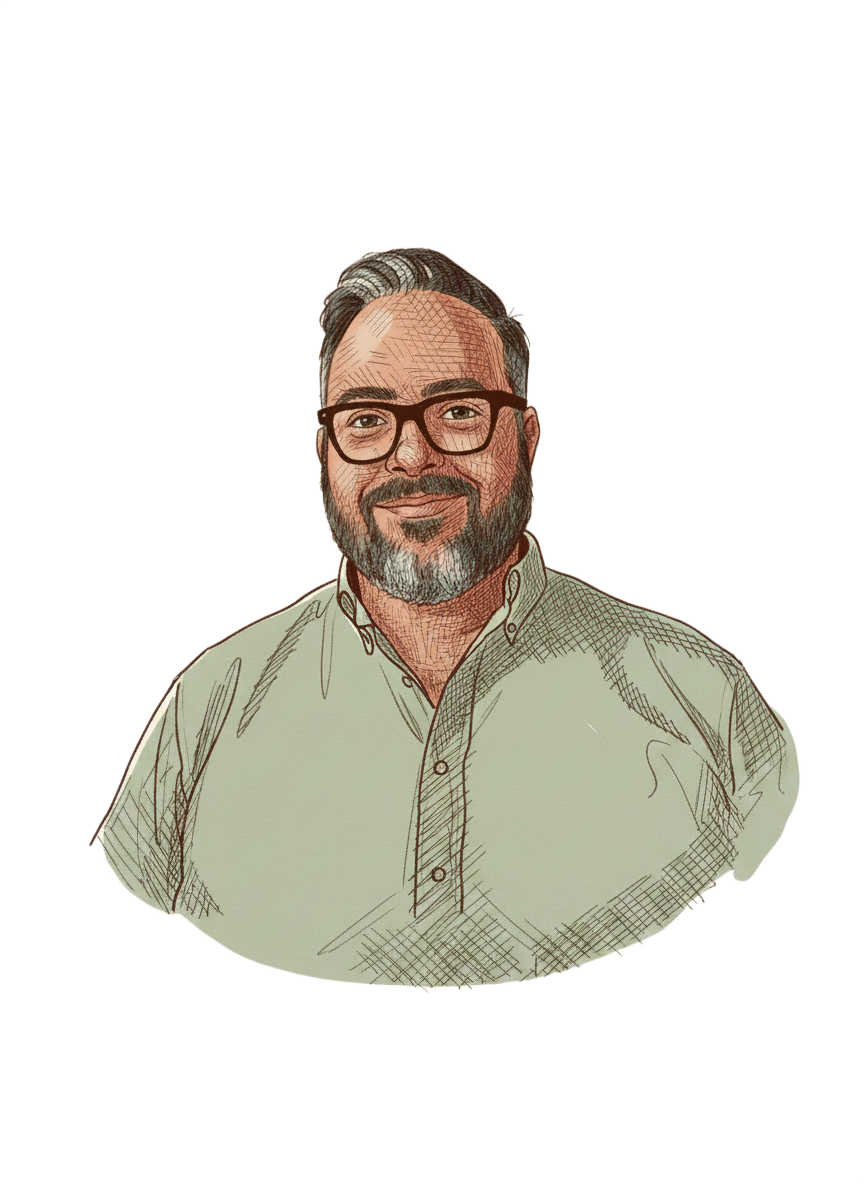 Editorial illustration of Ben Ackerman — bearded, glasses, sage shirt, smiling.